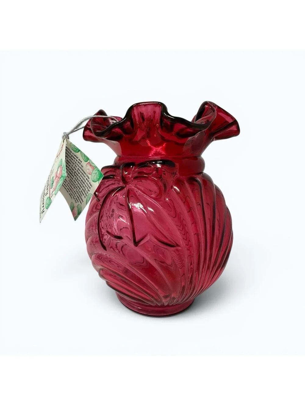 Fenton Art Glass Country Cranberry Caprice Bow Drape Vase Vintage Ruffle Tag